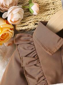 Baby Girl Ruffle Trim Flare Sleeve Shirt Dress - Coffee Brown - View 3