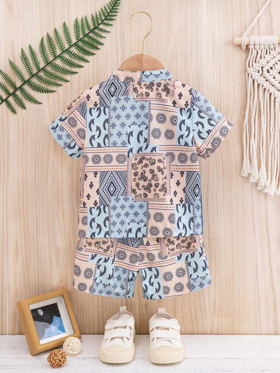 Baby Boy 2pcs/Set Spring Summer Paisley Print Color Blocking Short Sleeve Shirt And Shorts Set
