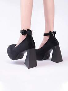 童話風格女鞋：防水平台絲絨珍鞋,厚底粗跟適用於春秋季節 - 黑色 - 查看 4