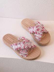 女孩舒適平底涼鞋,附花卉交叉帶,舒適透氣 - 粉色 - 查看 2