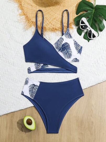 Teen Girl Plant Printed Cross Front Two Pieces Bikini Set Summer Beach