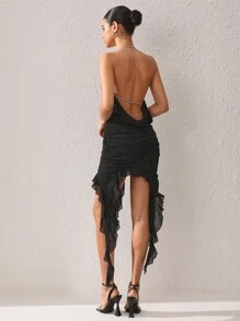 THEA Designer Backless Ruffle Dress, Summer Elegant Dress Outfit, For Holiday, Party, Birthday Outfits, Festival, Wedding Prom Dress - Black - View 2