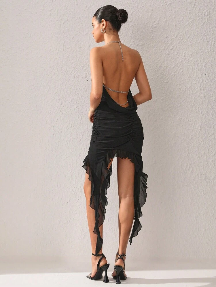 Designer Backless Ruffle Dress, Summer Elegant Dress Outfit, For Holiday, Party, Birthday Outfits, Festival, Wedding Prom Dress