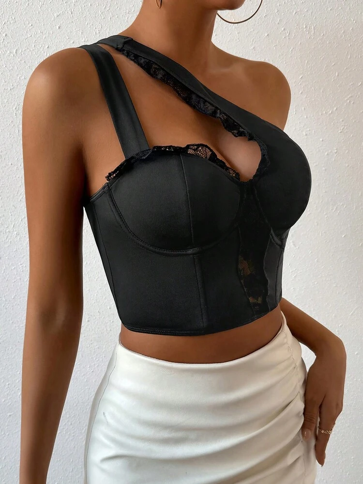 One Shoulder Lace Splice Bralette Top