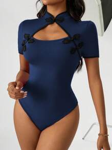 SHEIN Privé 女式旗袍風立領露背連身衣,綁扣設計 - 藍色 - 查看 4