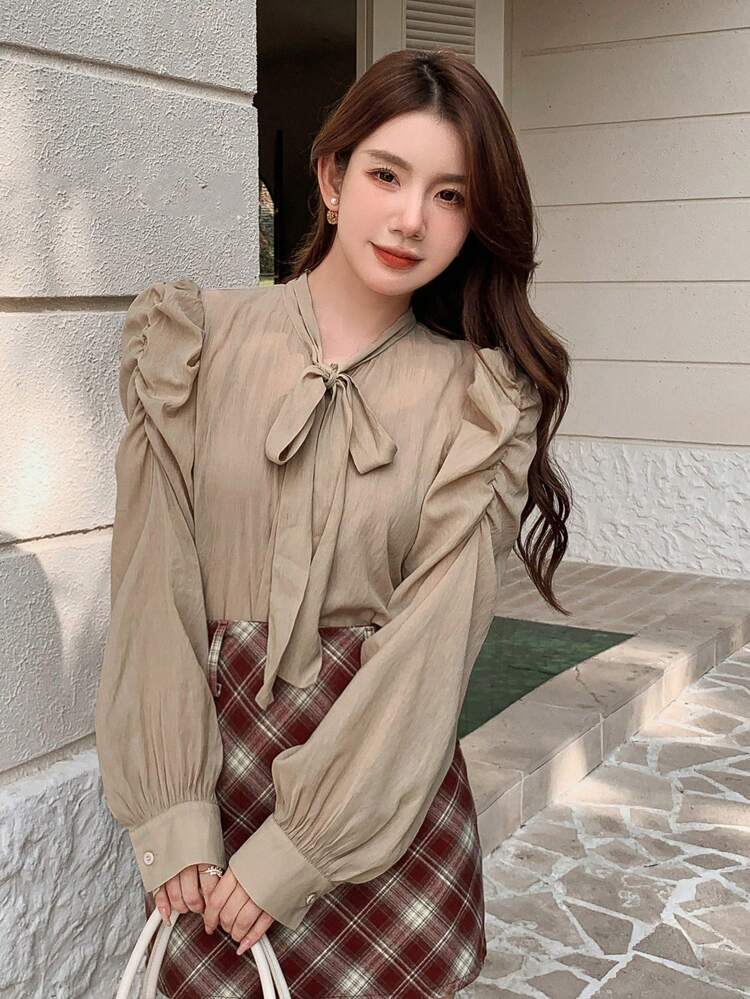 Ladies' Solid Color Tie Collar Puff Sleeve Blouse,Ruffle Long Sleeve Top
