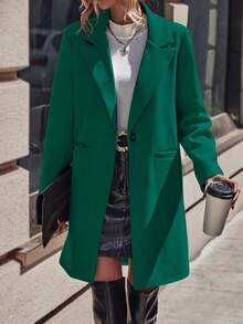 SHEIN LUNE Women's Single-Breasted Woolen Coat With Long Sleeves - Green - View 3