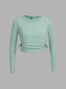 SHEIN Áo thun dệt kim ngắn tay có gân màu trơn dành cho nữ sinh Tween (3 gói) có đường viền cổ tròn - Màu xanh Cadet - Xem 9