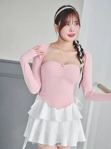 SHEINNeu 白色夏季短裙芭蕾蝴蝶结可爱蕾丝边短裙迷你短裙生日女士服装情人节衣服 - 白色 - 查看 6
