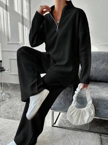 EURMUSE Ladies' Solid Color Casual Knitted Sweater 2pcs/Set - Black - View 5