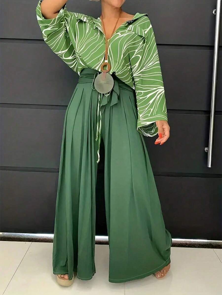 SHEIN LUNE 高腰系带阔腿裤 - 軍綠色 - 查看 1