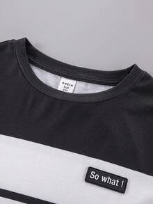 SHEIN 少年男童寬鬆運動款圓領條紋拼接短袖t恤 - 黑與白 - 查看 4