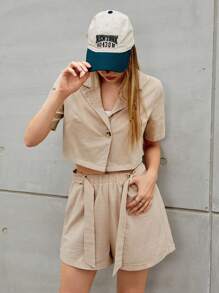 SHEIN EZwear Ladies' Khaki Color Weave Short Sleeves Suit Jacket And Shorts Set - Khaki - View 10