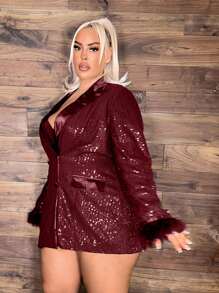 SHEIN SXY Của phụ nữ Kích thước lớn Lấp lánh Lông Áo vest - Màu Đỏ Sâu - Xem 5