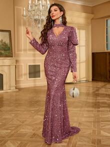 Women's Glamorous Gigot Sleeve Hollow-Out Sequin Mermaid Dress - Dusty Pink - View 8
