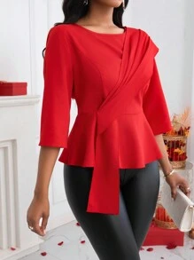 SHEIN Lady Women's Round Neck Pleated Blouse - Red - View 4