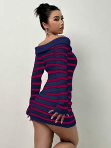 Flirla Của phụ nữ Off Shoulder Tay áo dài Sọc Áo len Và Váy len nửa mảnh Hai chiếc Bộ - Xanh đậm - Xem 2