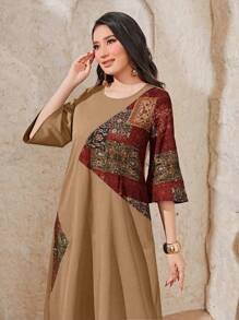 Seusyu Women's Arabian-Inspired Botanical Print Dress, Modest - Brown - View 3