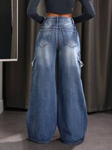 SHEIN ICON 女裝鬆緊腰毛邊牛仔褲 - 藍色 - 查看 2