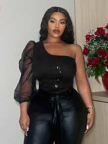 Slaydiva 大尺碼單肩閃亮亮片拼接透明網紗連身衣,單色款式 - 黑色 - 查看 3