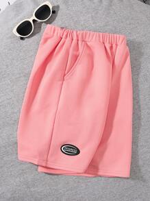 SHEIN 男童休閒字母拼布針織短褲 - 粉色 - 查看 3