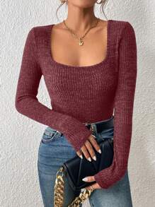 SHEIN Frenchy 女用甜心領口羅紋長袖 T 卹 - 紅色 - 查看 3