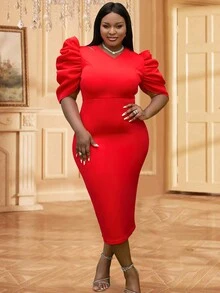 Plus Puff Sleeve Split Back Bodycon Dress - Red - View 5