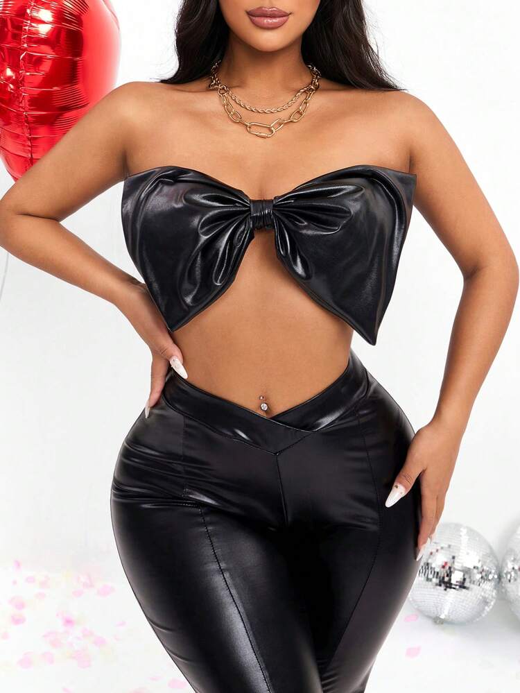 SHEIN Clasi 女性蝴蝶結細節超短款無肩帶上衣 - 黑色 - 查看 1