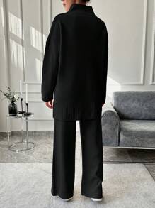 EURMUSE Ladies' Solid Color Casual Knitted Sweater 2pcs/Set - Black - View 2