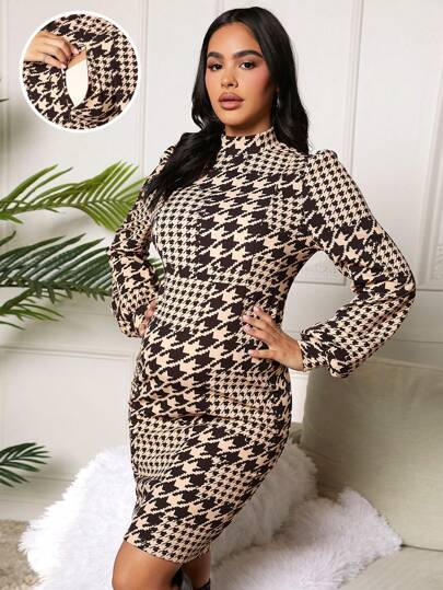 SHEIN Maternity Houndstooth Print Stand Collar Nursing Dress