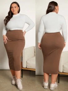SHEIN BASICS Plus High Waist Pencil Skirt - Mocha Brown - View 5