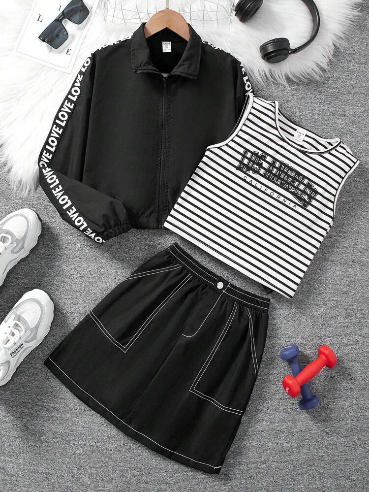 Tween Girl Striped & Letter Tank Top and Top-stitching Jacket and Skirt