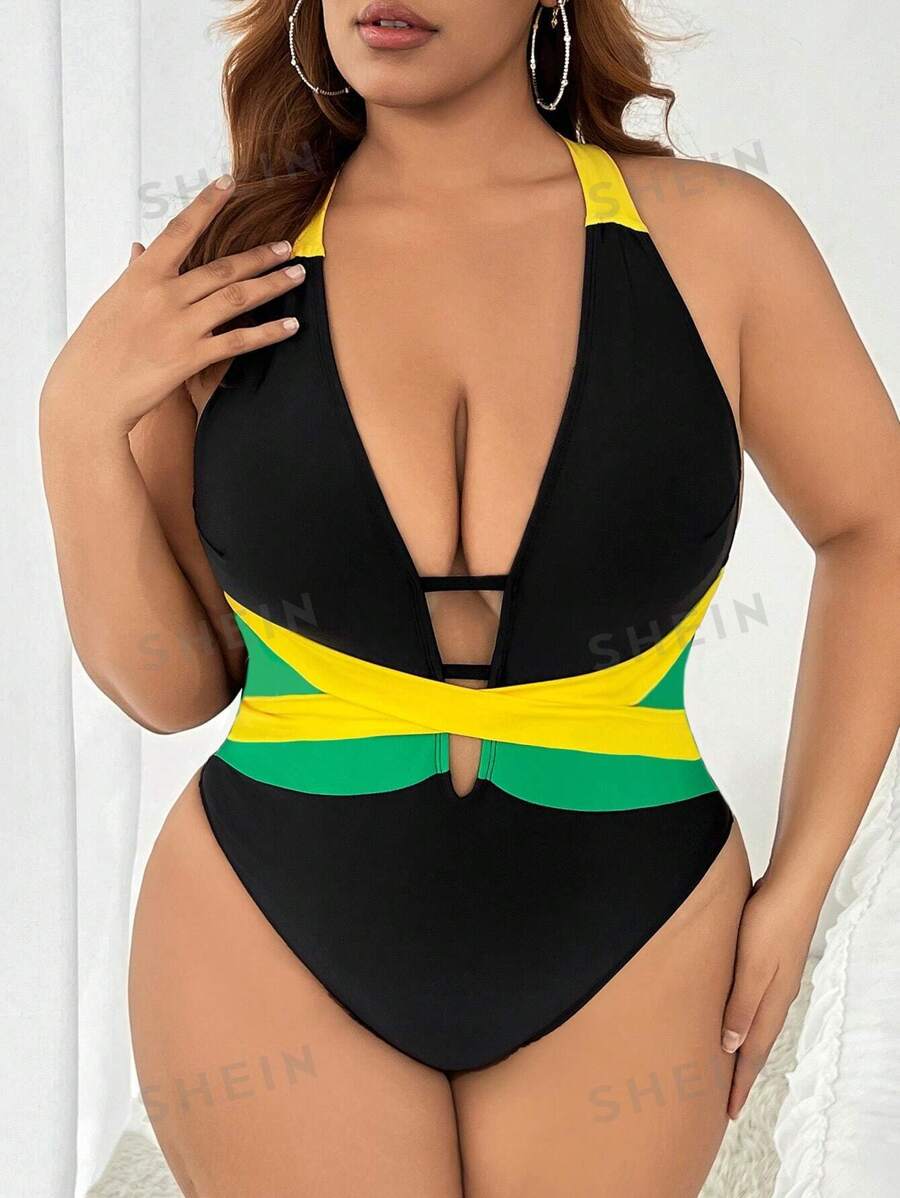 Swim SXY Traje De Baño De Una Pieza Para Tallas Grandes Con Diseño De Bloques De Color, Conjunto De 2 Piezas Para Festival De Música