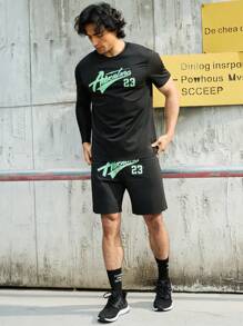 Manfinity Fitness Men's Letter Print Sports Suit, Athletic Suit, Tracksuit Workout Set Gym Set Workout Set - Black - View 4