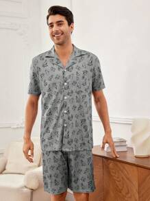 Men'S Wolf Printed Casual Homewear Set - Light Grey - View 1