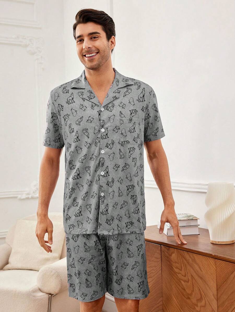 Men'S Wolf Printed Casual Homewear Set - Light Grey - View 1