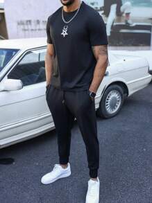 Manfinity Homme Men Plus Round Neck Short-Sleeved T-Shirt And Trousers Two-Piece Set - Black - View 6