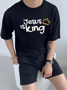 Manfinity EMRG 男款皇冠標語印花 T 卹 大尺碼 - 黑色 - 查看 3