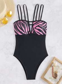 SHEIN Swim 夏季女士斑马纹镂空细节连体泳衣狂欢节 - 黑色 - 查看 6