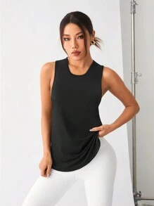 SHEIN Yoga Sxy Top De Espalda Abierta Atlética De Color Sólido - Negro - Ver 2