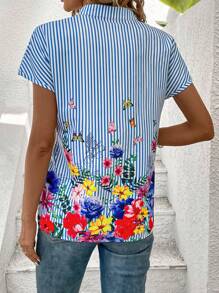 EMERY ROSE Quý cô Sọc Hoa In tay cánh Áo sơ mi - Màu xanh lam - Xem 2