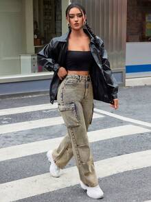 SHEIN ICON 多口袋水洗牛仔褲 - 深色水洗藍 - 查看 5