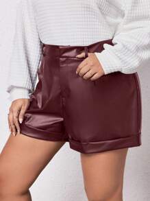 SHEIN Essnce 女性加大號卷邊pu皮短褲