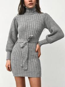 Vestido de punto cuello alto tejido de canalé con cinturón - Gris - Ver 1