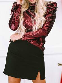 Astylish Classi Glitter Burgundy Mock Neck Ruched Puff Sleeve Sequin Top - Burgundy - View 3