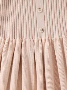 SHEIN Tween Girls' Button Embellished Round Neck Long Sleeve Sweater Dress (Belt Not Included) - Apricot - View 3