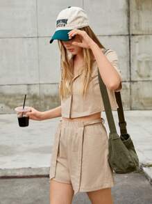 SHEIN EZwear Ladies' Khaki Color Weave Short Sleeves Suit Jacket And Shorts Set - Khaki - View 8