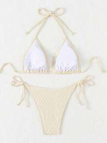 SHEIN Swim 夏季女士三角比基尼套装纯色圆点面料和肩带音乐节 - 白色 - 查看 5