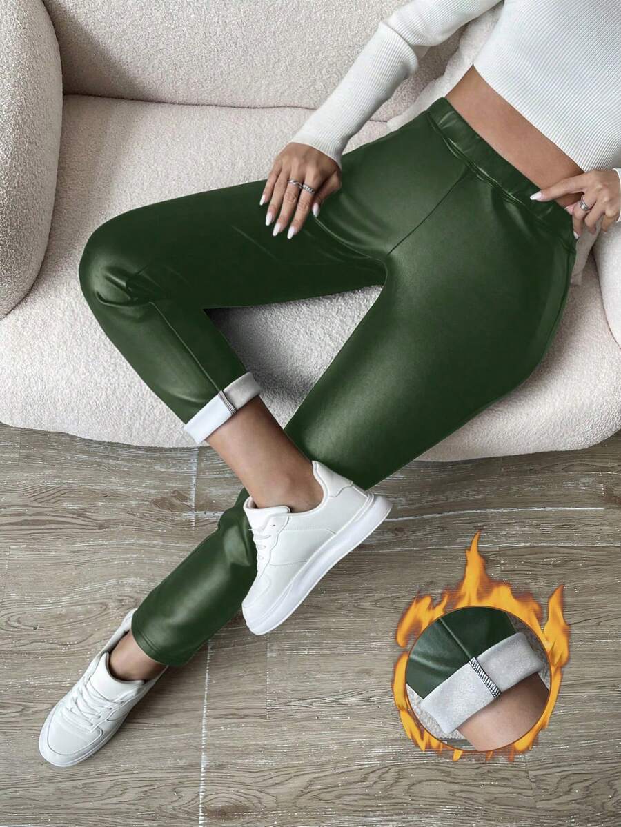 SHEIN LUNE Quần lót nhiệt da PU cỡ lớn - xanh quân đội - Xem 1