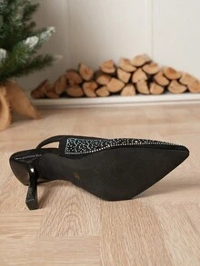 女士時尚尖頭鑲鑽細跟帶踝帶鞋 - 黑色 - 查看 3